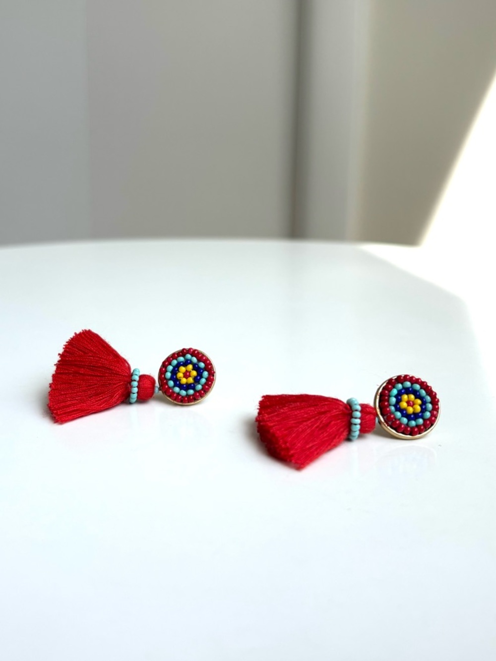J. Crew Red Seed Bead Tassel Stud Dangle Earrings